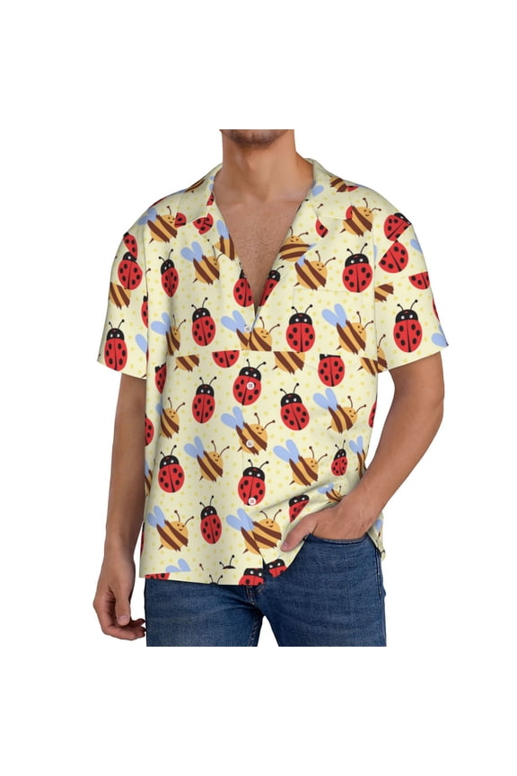 Ladybug And Bee Men's Cuban Shirt, Hawaiian Shirts, Business Casual Button Down Shirts, Short Sleeve Shirt-Large