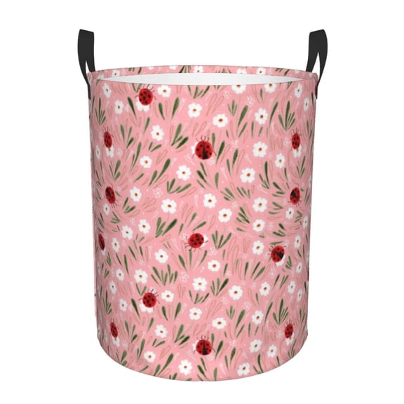 Vsdgher Ladybug And Flowers Waterproof Round Large Laundry Basket -Toy Storage Basket, Perfect as Hamper, Kids Room Storage, and Toy Containment-