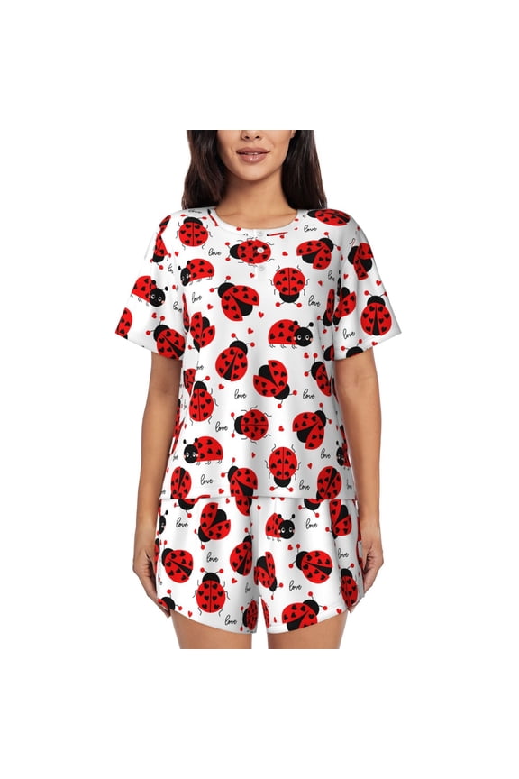 Ladybug And Heart Pattern Womens Pajamas 2 Piece Short Sleeve Sleepwear Set,Summer Soft Pajamas Set Casual Lounge Sets, 2-Piece Pj -X-Large