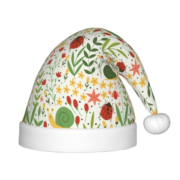Vsdgher Ladybug And Wild Flowers Christmas Hat, Santa Hat for Kids Xmas Holiday Hat Red Classic Christmas New Year Festive Party Supplies