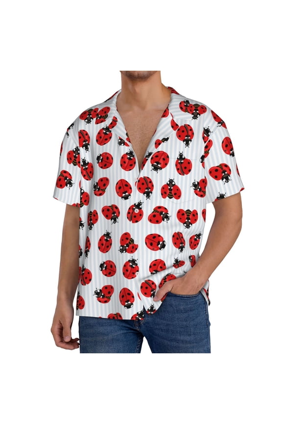Ladybug On Blue Stripes Men's Cuban Shirt, Hawaiian Shirts, Business Casual Button Down Shirts, Short Sleeve Shirt-Medium