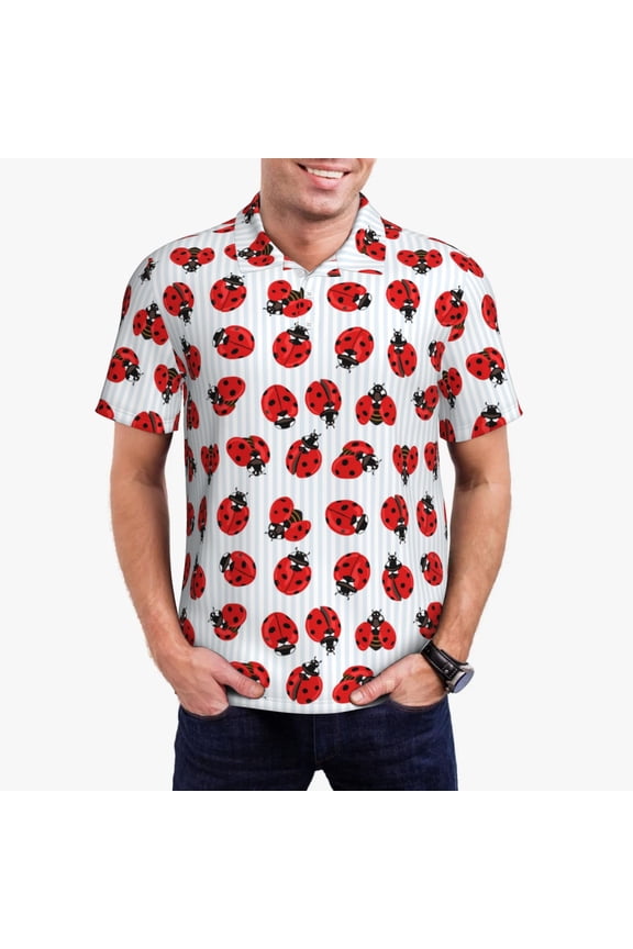 Ladybug On Blue Stripes Polo Shirts for Men, Men's Short Sleeve Stretch Polo Shirt, Shirts for Men-3X-Large