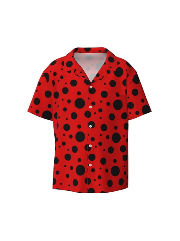 Ladybug Pattern Print Men's Wrinkle Free Untucked Cuban Shirt Business Casual Button Down Shirts Short Sleeve Shirt