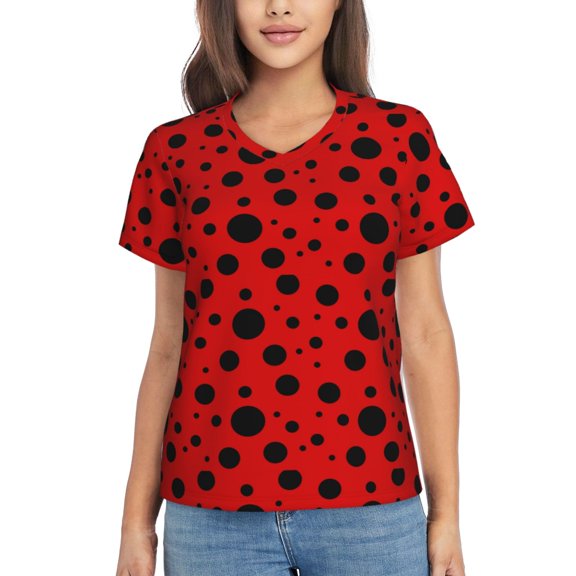 Vsdgher Ladybug Pattern Women Shirts V Neck Short Sleeve Tops T-Shirt Basic Tees, S to 3XLSmall