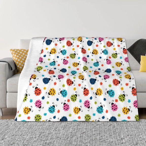 Vsdgher Ladybugs And Flowers Pattern Fleece Throw Blanket, Horizontal Fleece Bedding Home Decor for Couch & Bed All Season Use -60"x50"