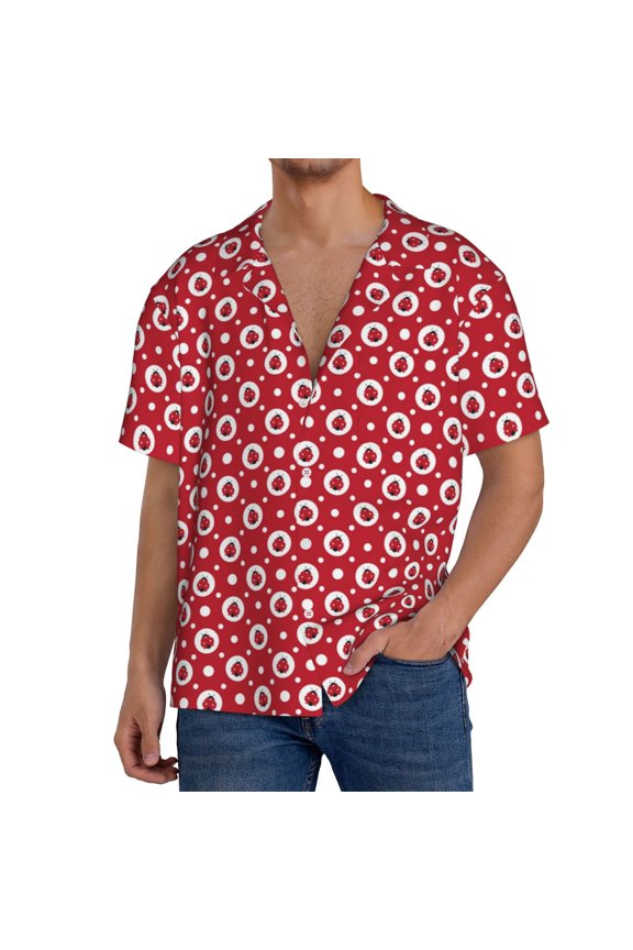 Ladybugs And White Dots Men's Cuban Shirt, Hawaiian Shirts, Business Casual Button Down Shirts, Short Sleeve Shirt-X-Large