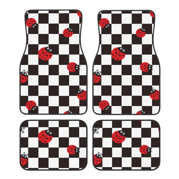 Vsdgher Ladybugs Of Black And White Checkers Car Foot Mat Set of 4 Pieces Universal Floor Liner Car Accessories Fits Most Cars, Trucks, Vans, sedans, SUV