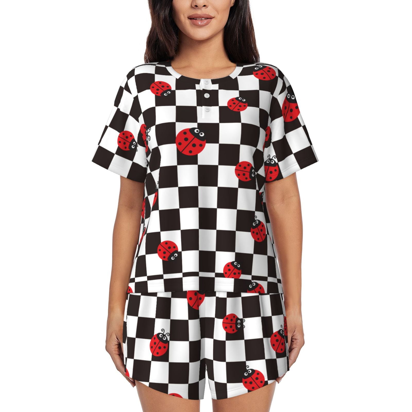 Vsdgher Ladybugs Of Black And White Checkers Pattern Womens Pajamas 2 ...