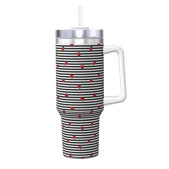 Vsdgher Ladybugs on Black and White Striped Pattern 40 oz Tumbler with Handle and Straw Lid | Insulated Cup Reusable Stainless Steel Water Bottle Travel Mug | Gifts for Women Men Him Her