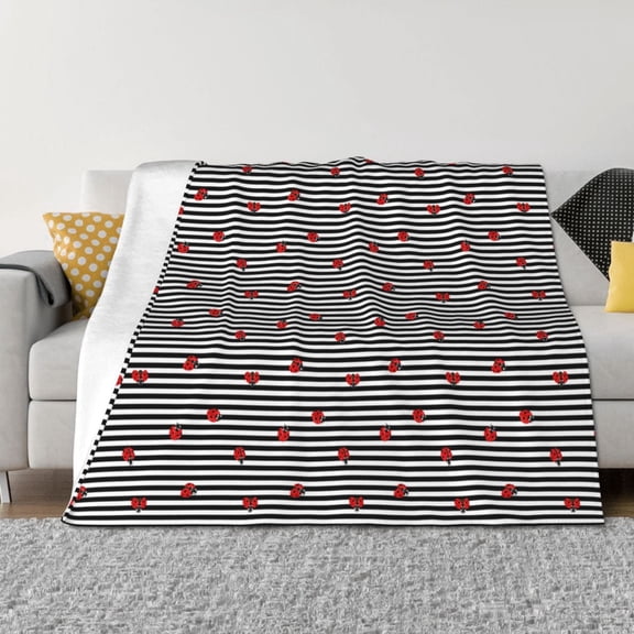 Vsdgher Ladybugs on Black and White Striped Pattern Fleece Throw Blanket, Horizontal Fleece Bedding Home Decor for Couch & Bed All Season Use -60"x50"