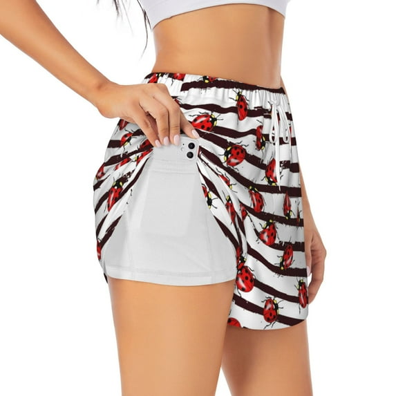 Vsdgher Ladybugs on Black and White Striped1 Print Women's Running Double Layer Shorts High Waisted with Pockets Elastic Yoga Workout Athletic Gym Sports