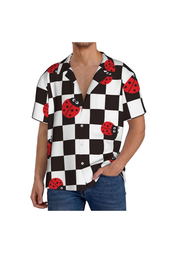 Ladybugs Of Black And White Checkers Men's Cuban Shirt, Hawaiian Shirts, Business Casual Button Down Shirts, Short Sleeve Shirt-Small