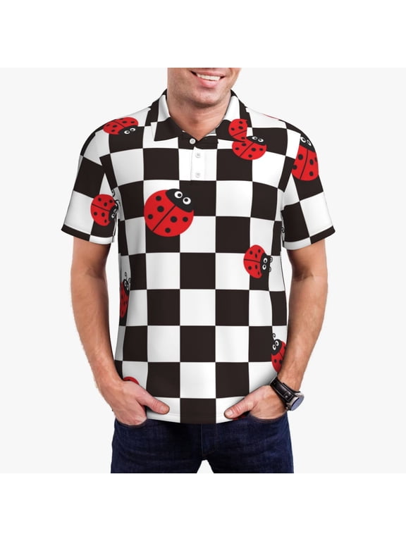 Ladybugs Of Black And White Checkers Polo Shirts for Men, Men's Short Sleeve Stretch Polo Shirt, Shirts for Men-Medium