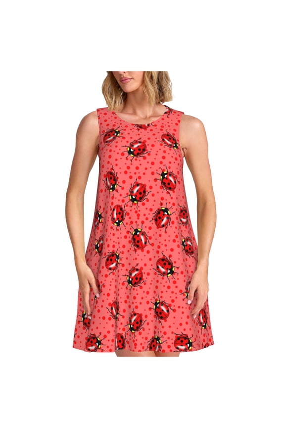 Ladybugs On Red Polka Dot Print Summer Dresses for Women Casual U Neck Beach Dress Sleeveless Tank Loose Sundress with Pocket -Small