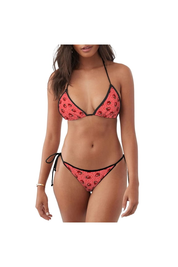 Ladybugs On Red Polka Dot Pattern Sexy Bikini Set for Women,Two Piece Swimsuit V Neck Swimwear Halter Tie Bathing Suit Self Tie Spaghetti Straps -Medium