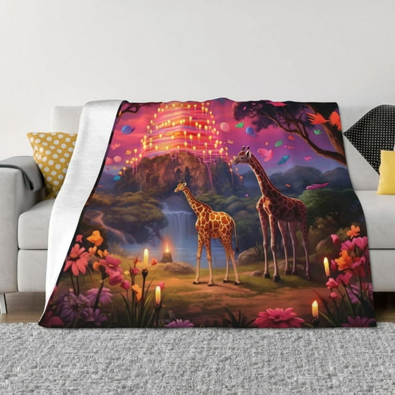 Vsdgher Lantern Giraffes Magical Forest Pattern Fleece Throw Blanket, Horizontal Fleece Bedding Home Decor for Couch & Bed All Season Use -50"x40"