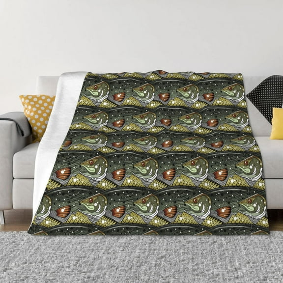 Vsdgher Largemouth Bass Fish Pattern Fleece Throw Blanket, Horizontal Fleece Bedding Home Decor for Couch & Bed All Season Use -80"x60"