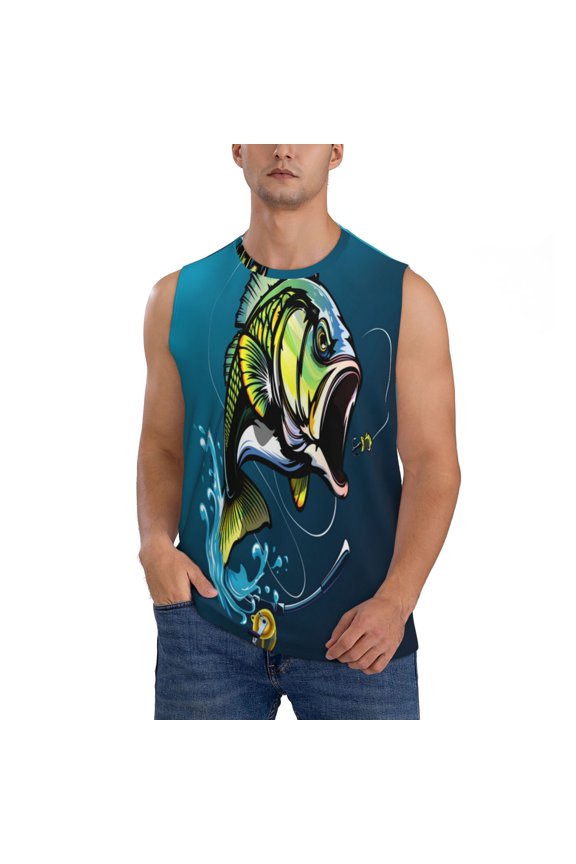 Largemouth Bass Fish Print Workout Tank Tops Gym Sleeveless Fitness Muscle Tee -Medium