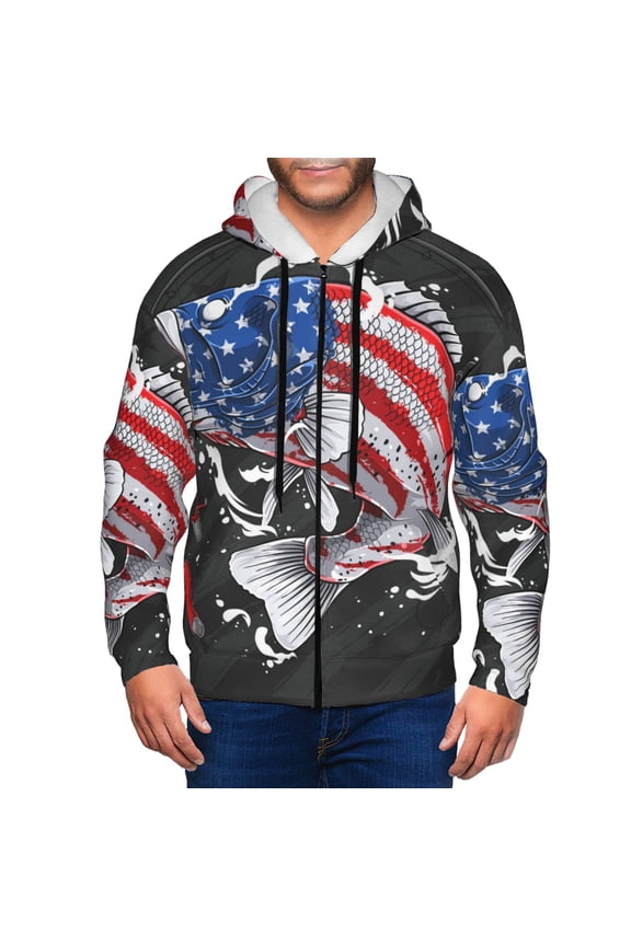Largemouth Bass Fish in USA Mens Hoodies Zip Hoodie, Hoodies for Men, Zip-up Hooded Sweatshirt-X-Large