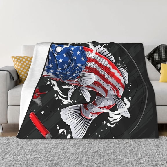 Vsdgher Largemouth Bass Fish in USA Pattern Fleece Throw Blanket, Horizontal Fleece Bedding Home Decor for Couch & Bed All Season Use -40"x30"