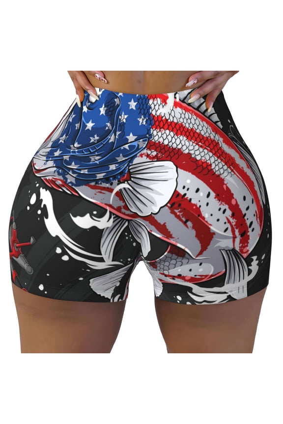 Largemouth Bass Fish in USA print Workout Shorts for Women Seamless Soft Smooth Gym Yoga Scrunch Active Exercise Fitness Shorts