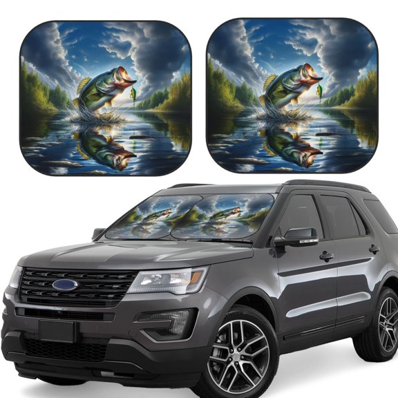 Vsdgher Largemouth Bass Jumping Out of The Water Print Car Windshield Sun Shade, Reflective Sunshade Window Sunshade Sun Visor Protector Fit for Cars,Trucks,SUVs-Small