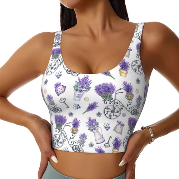 Vsdgher Lavender Bicycle Print Women Sleeveless Athletic Tank Top Built-in Bra Camisole Sports Vest for Yoga Running Fitness Exercise with Removable Pads
