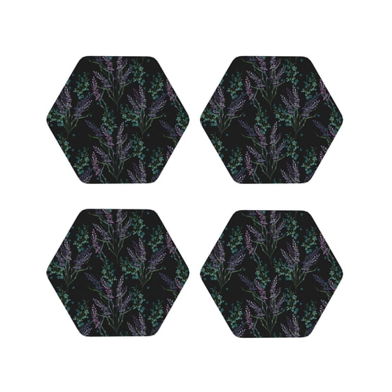 Vsdgher Lavender Flowers Leather Coasters for Drinks, Durable Drink Coasters 4 Set for Tabletop Protection, Luxurious Home Décor and Housewarming Gift ( {designName})Hexagon