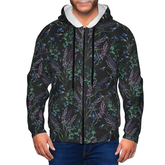 Vsdgher Lavender Flowers Mens Hoodies Zip Hoodie, Hoodies for Men, Zip-up Hooded Sweatshirt-X-Large