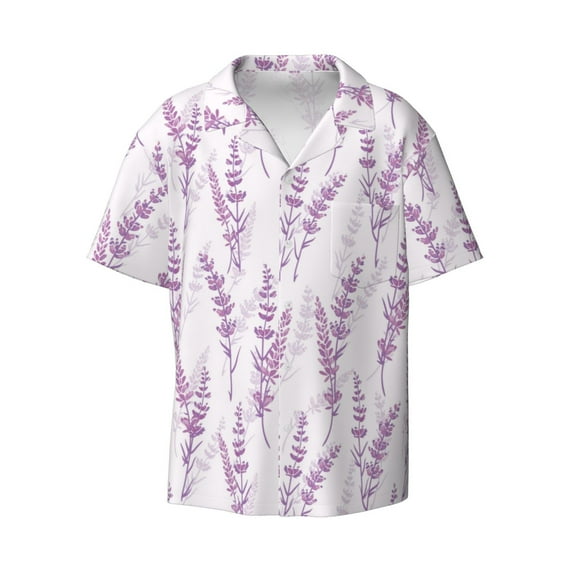 Vsdgher Lavender Flowers Print Men's Wrinkle Free Untucked Cuban Shirt Business Casual Button Down Shirts Short Sleeve Shirt