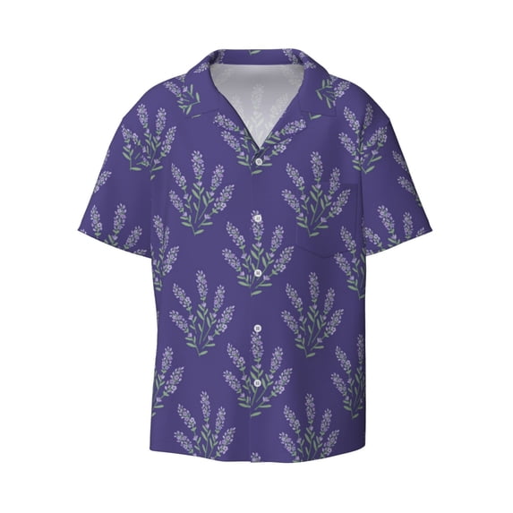Vsdgher Lavender Flowers Print Men's Wrinkle Free Untucked Cuban Shirt Business Casual Button Down Shirts Short Sleeve Shirt