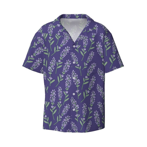 Vsdgher Lavender Flowers Print Men's Wrinkle Free Untucked Cuban Shirt Business Casual Button Down Shirts Short Sleeve Shirt