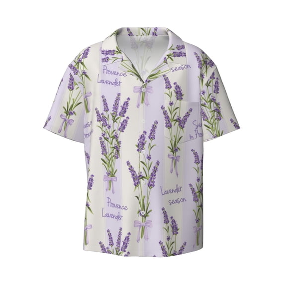 Vsdgher Lavender Flowers Print Men's Wrinkle Free Untucked Cuban Shirt Business Casual Button Down Shirts Short Sleeve Shirt