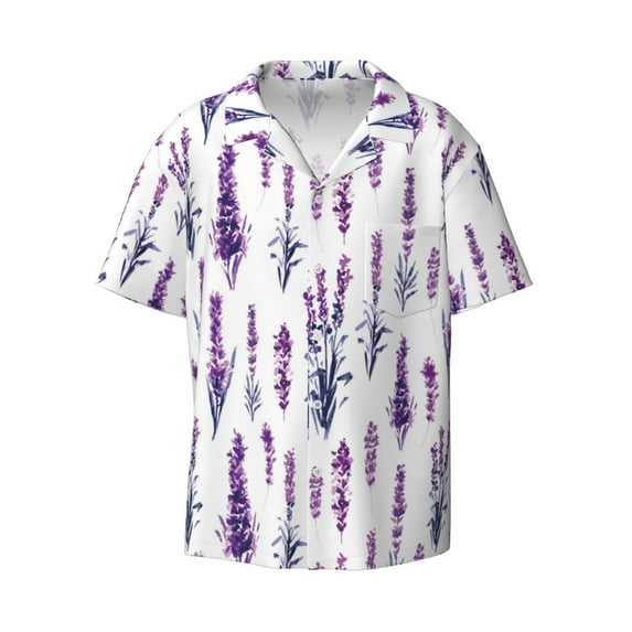 Vsdgher Lavender Flowers Print Men's Wrinkle Free Untucked Cuban Shirt Business Casual Button Down Shirts Short Sleeve Shirt