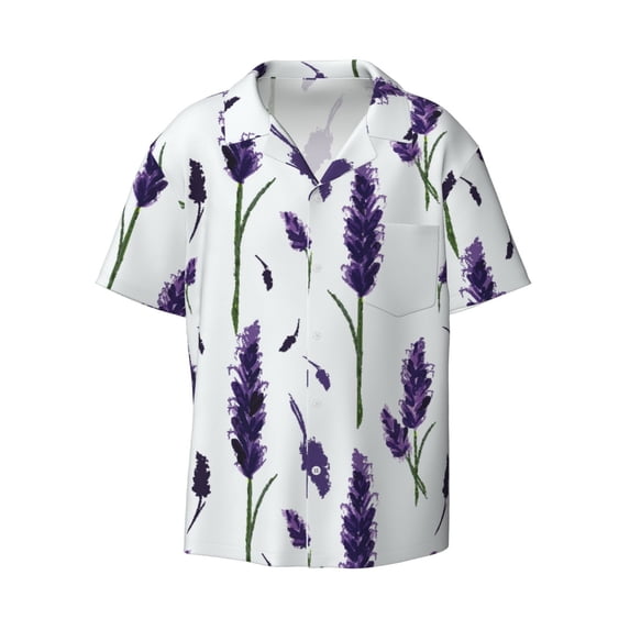 Vsdgher Lavender Flowers Print Men's Wrinkle Free Untucked Cuban Shirt Business Casual Button Down Shirts Short Sleeve Shirt