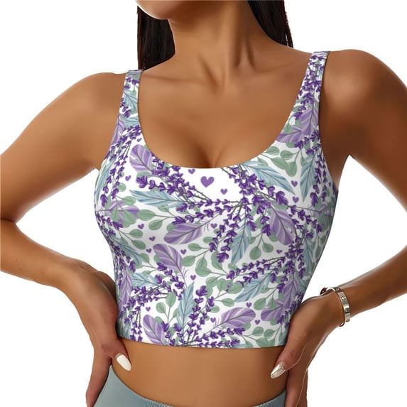 Vsdgher Lavender Flowers Print Women Sleeveless Athletic Tank Top Built-in Bra Camisole Sports Vest for Yoga Running Fitness Exercise with Removable Pads