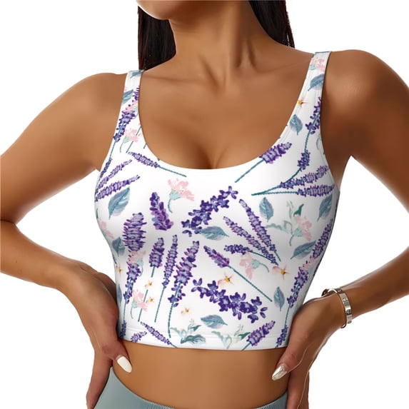 Vsdgher Lavender Flowers Print Women Sleeveless Athletic Tank Top Built-in Bra Camisole Sports Vest for Yoga Running Fitness Exercise with Removable Pads