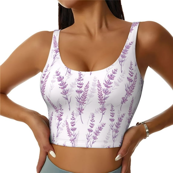 Vsdgher Lavender Flowers Print Women Sleeveless Athletic Tank Top Built-in Bra Camisole Sports Vest for Yoga Running Fitness Exercise with Removable Pads