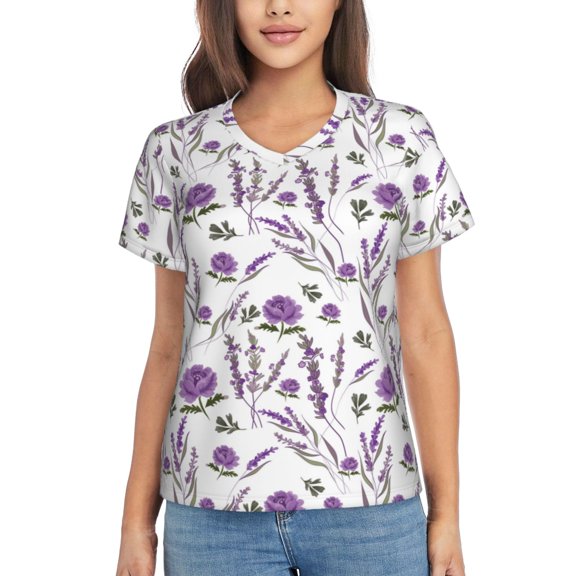 Vsdgher Lavender Flowers Women Shirts V Neck Short Sleeve Tops T-Shirt Basic Tees, S to 3XLSmall