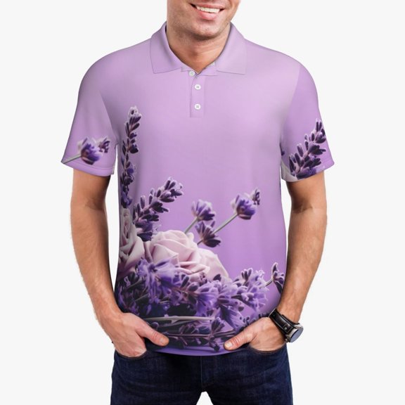 Vsdgher Lavender Roses Arrangement Polo Shirts for Men, Men's Short Sleeve Stretch Polo Shirt, Shirts for Men-X-Large