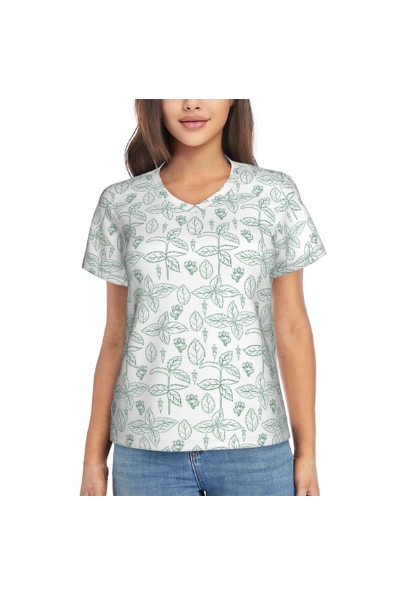Leaf Print Women Shirts V Neck Short Sleeve Tops T-Shirt Basic Tees, S to 3XLSmall