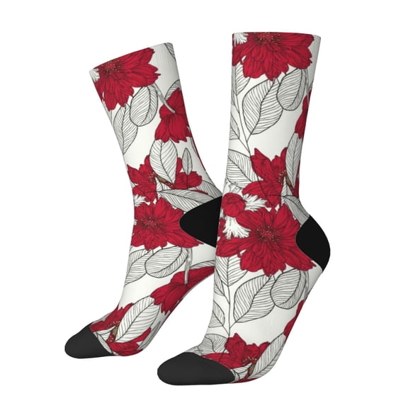Vsdgher Leaves And Anemone Flowers In Red Grey Crew Socks for Men & Women, Breathable Casual Athletic Ankle Socks