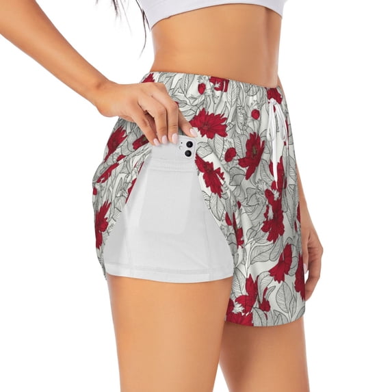 Vsdgher Leaves And Anemone Flowers In Red Grey Print Women's Running Double Layer Shorts High Waisted with Pockets Elastic Yoga Workout Athletic Gym Sports