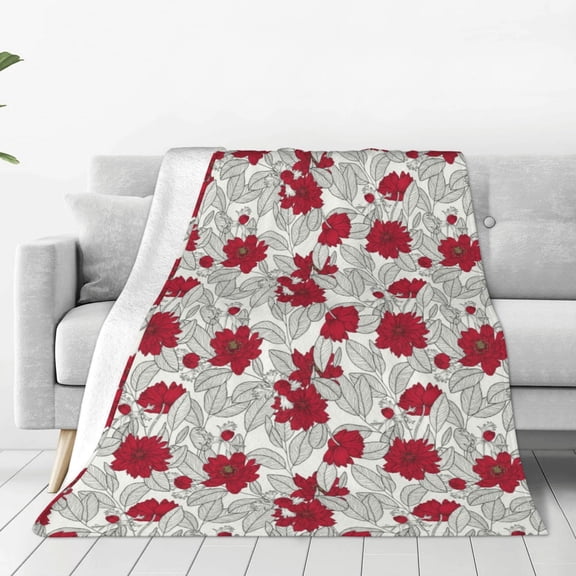 Vsdgher Leaves And Anemone Flowers In Red Grey Ultra-Soft Micro flannel Blanket Throw Blankets for Couch Sofa, Bed (4 sizes)-80"x60"