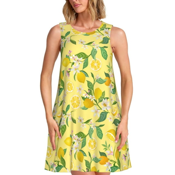 Vsdgher Lemon (2) Print Summer Dresses for Women Casual U Neck Beach Dress Sleeveless Tank Loose Sundress with Pocket -XX-Large