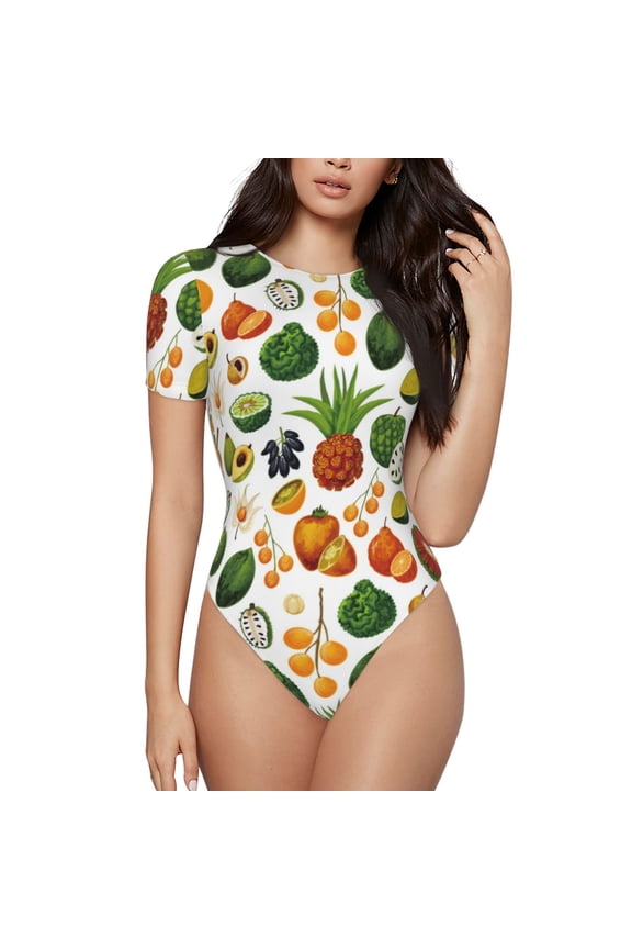 Lemon Fruits Vegetables Prinr Short Sleeve Body suit for Womens, Sexy Onesie One Piece Round Neck Bodysuit Shapewear Tummy Control-Medium