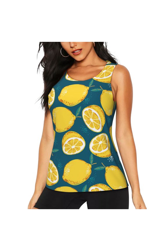 Lemon Print Tank Top Sports Vest Bra for Women Sports ,Performance Stretchy Quick Dry Sports Workout Running Top Vest with Removable Pads
