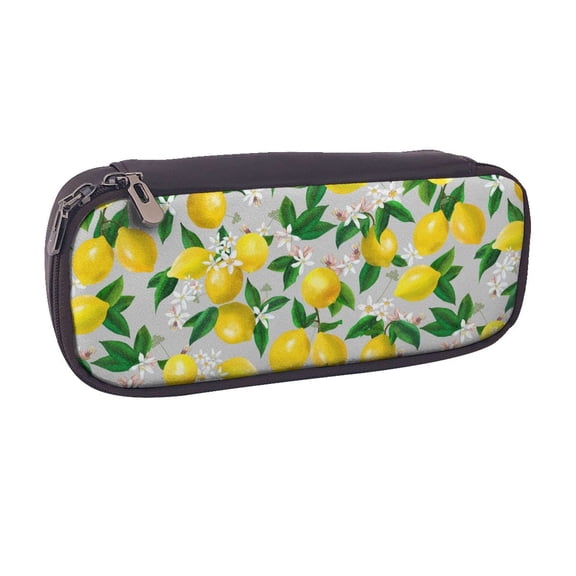 Vsdgher Lemon Seamless Pattern Oil Painting Effect Print Pen Case Leather Pencil Pouch Markers Holder Big Capacity Bag with Zippered Pocket for Stationery Tool