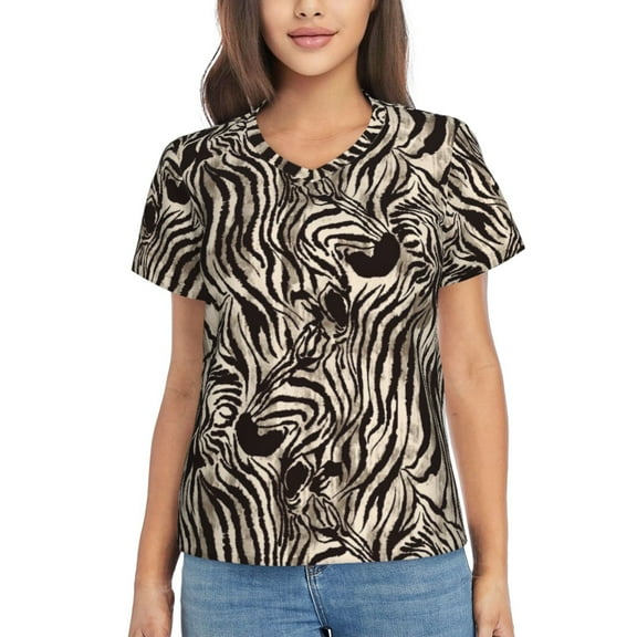 Vsdgher Leopard And Zebra1 Women Shirts V Neck Short Sleeve Tops T-Shirt Basic Tees, S to 3XLMedium