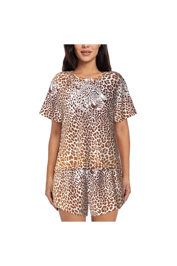 Leopard Brown Pattern Womens Pajamas 2 Piece Short Sleeve Sleepwear Set,Summer Soft Pajamas Set Casual Lounge Sets, 2-Piece Pj -4X-Large